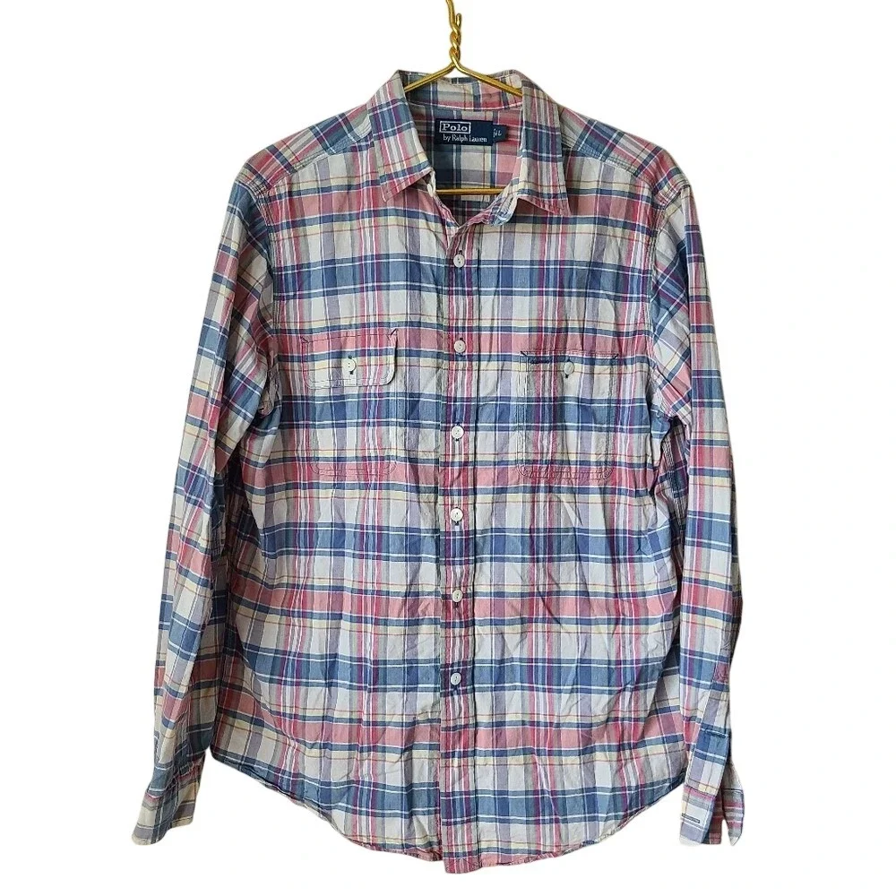 Polo Ralph Lauren Blue Plaid Button Up Long Sleeve Shirt L Classic Oxford Preppy